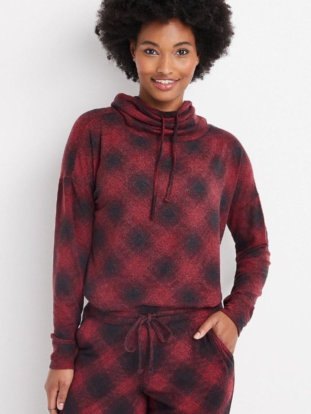 Maurices Lakeside Cozy Plaid Red and Black Flannel Pattern Sweatshirt Cowl Neck